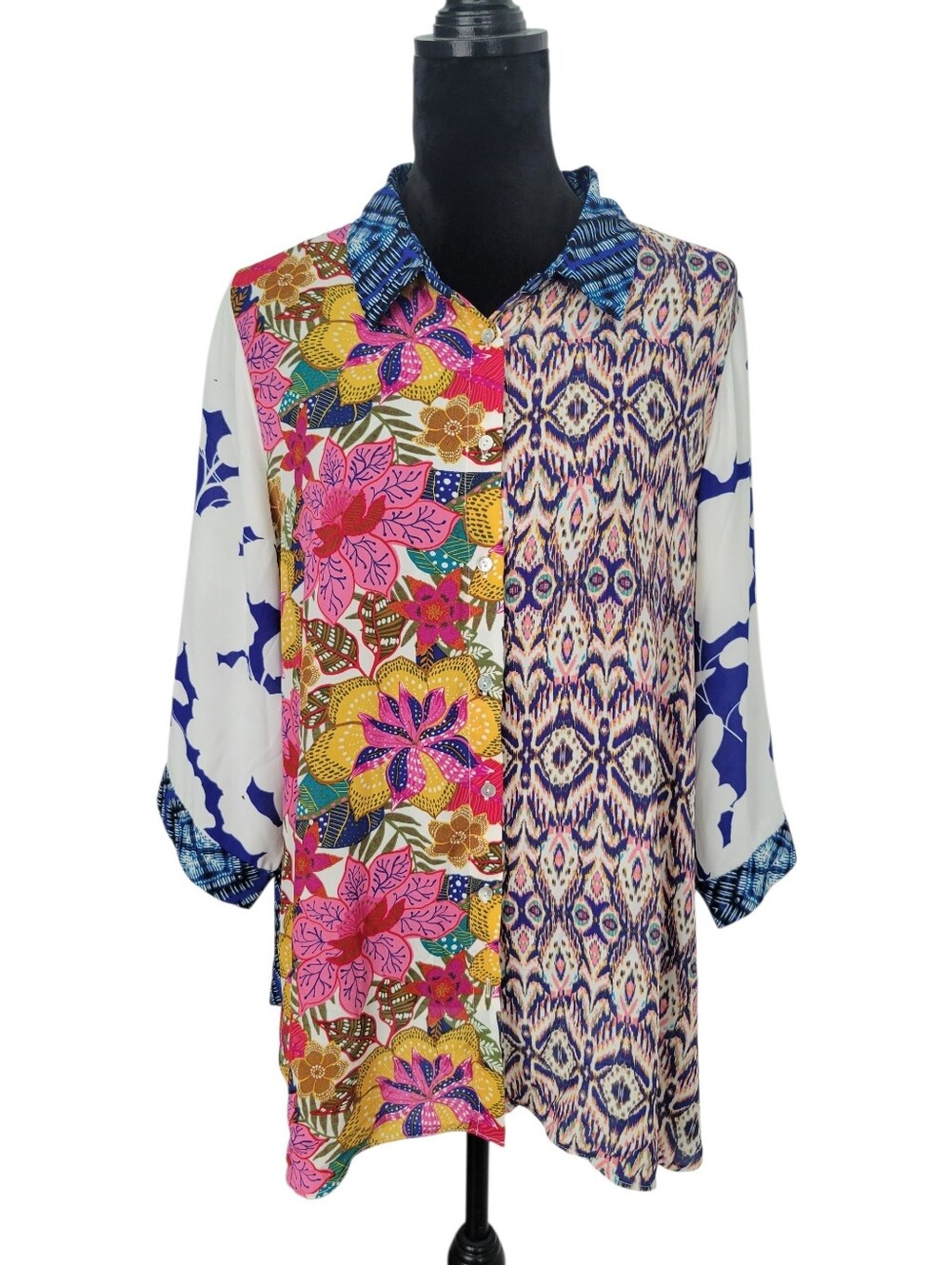 Rose & Olive Mixed-Print Button Front Tunic - Pink, Blue, Yellow, White